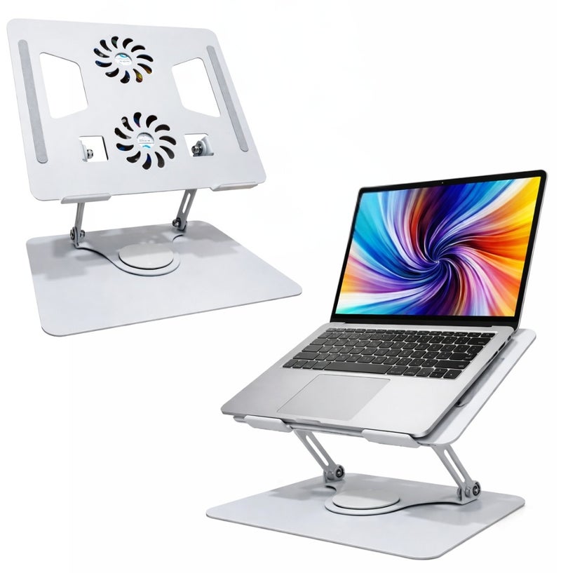 طلال حامل كمبيوتر محمول من الألومنيوم مع مروحة مزدوجة تدور 360 درجة وقابل للتعديل ومريح وقابل للطي وحامل كمبيوتر محمول عالمي لأجهزة الكمبيوتر المحمولة وأجهزة ماك بوك وأجهزة الكمبيوتر المحمولة - Image 1